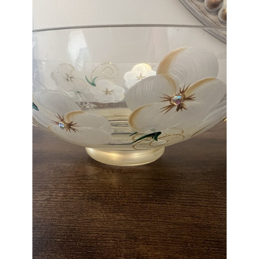 Madigan Australia Hand Painted Art Glass Floral‎ Bowl Gold Rhinestone Cottage